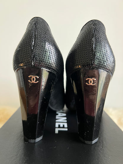 Chanel Sequin and Patent Leather Pumps Size 38C