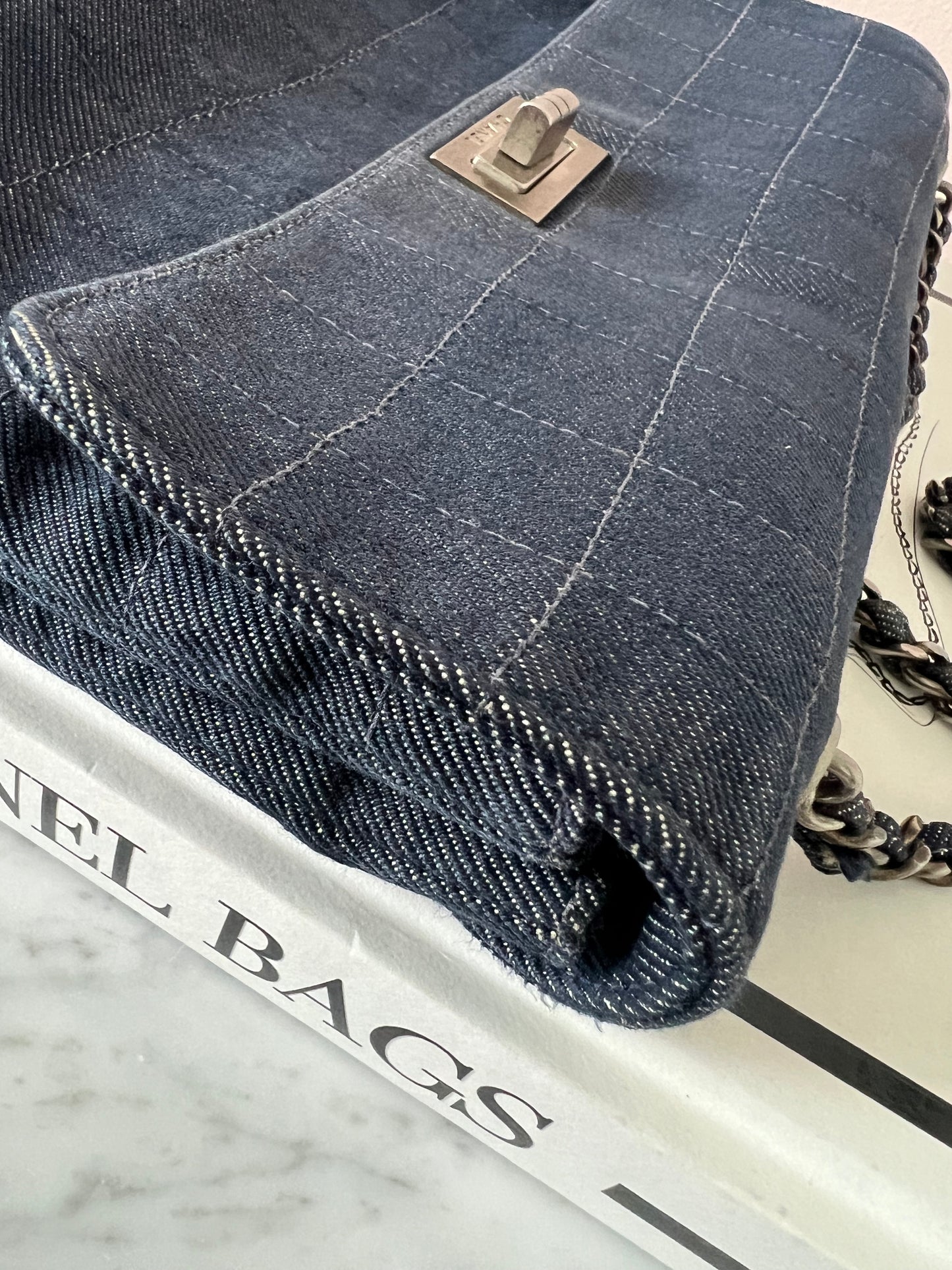 Chanel Chocolate Bar Denim Re-issue 2.55 Flap Shoulder Bag with Ruthenium Hardware Series 6 RARE