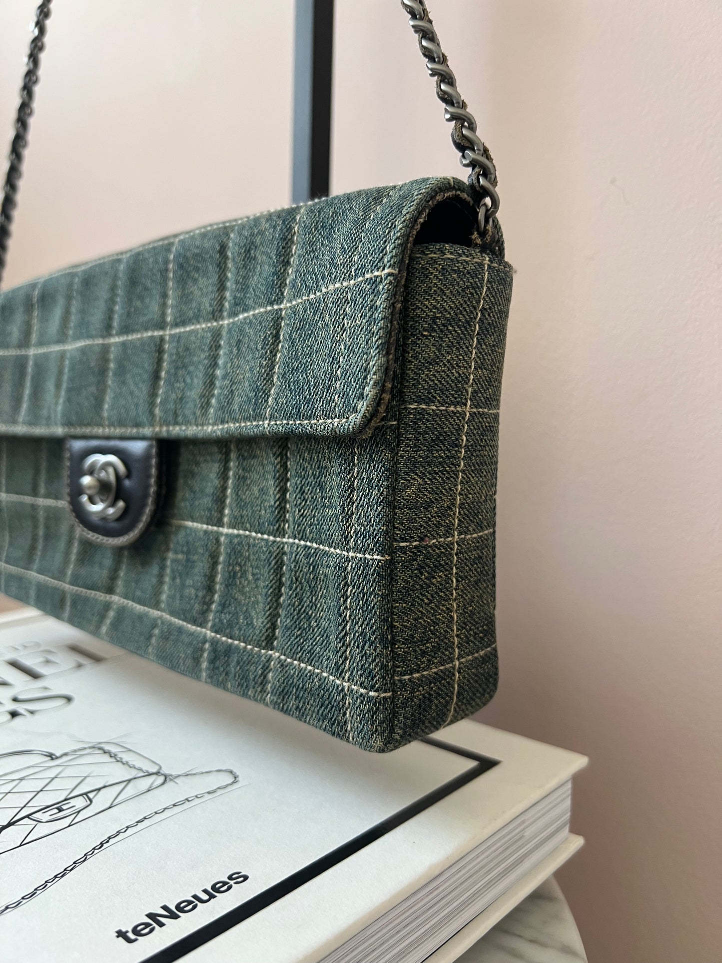 Chanel Chocolate Bar Chain Shoulder Bag in Denim with Ruthenium Hardware Series 6 RARE
