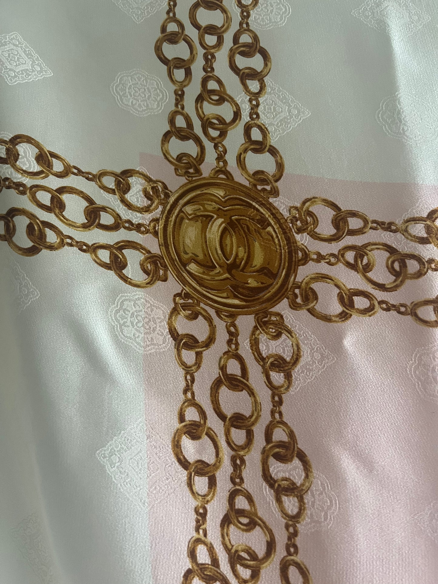Chanel Vintage late 80s/early 90s 100% silk brocade scarf in ivory, pink and gold tones