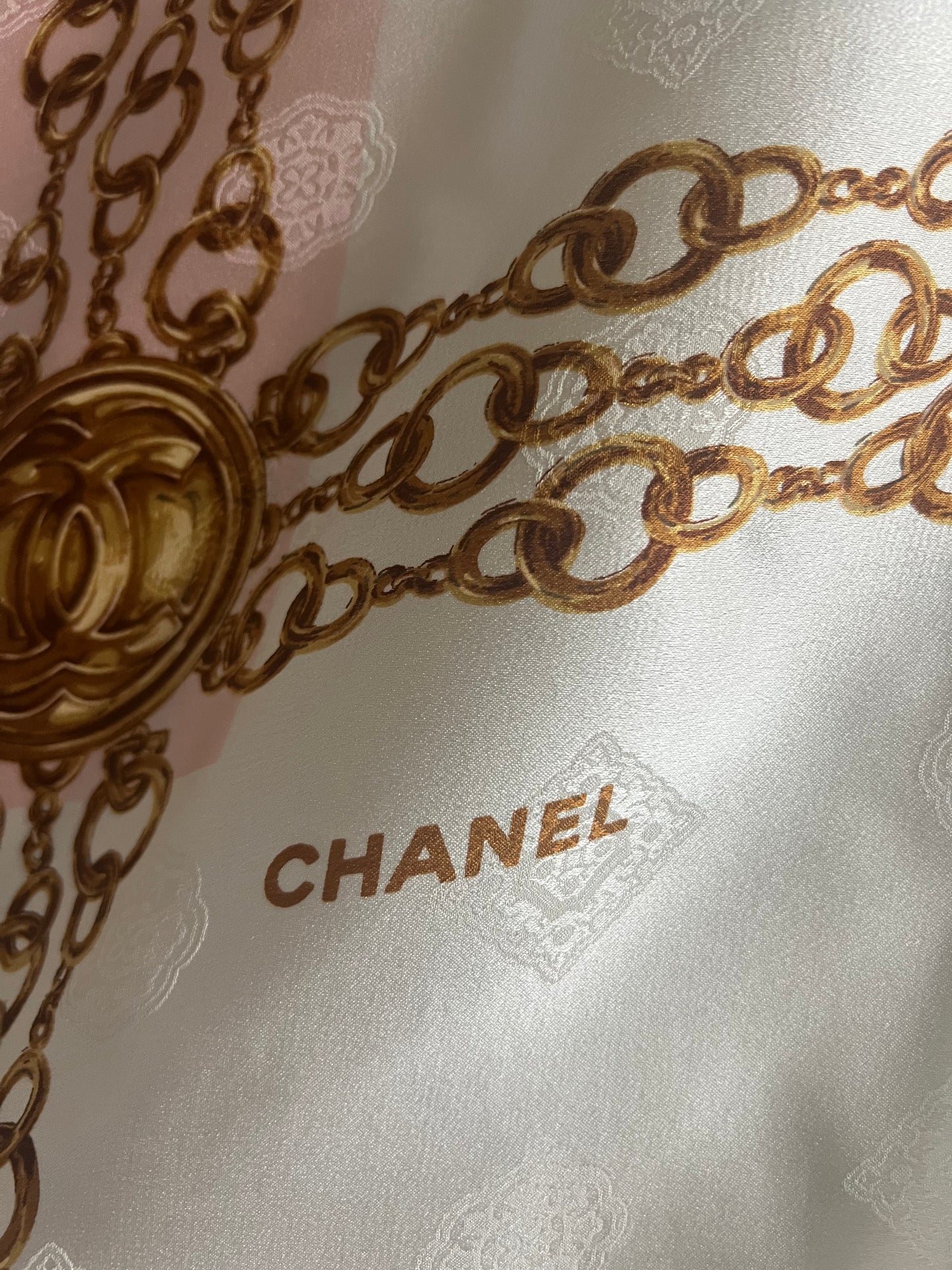 Chanel Vintage late 80s/early 90s 100% silk brocade scarf in ivory, pink and gold tones