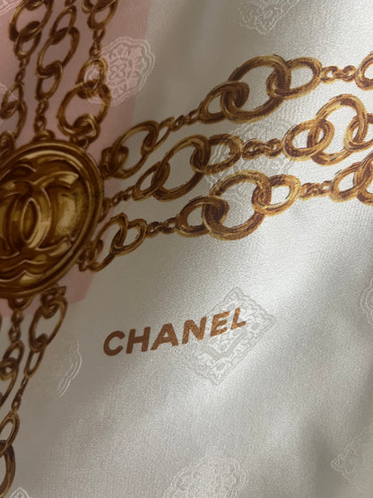 Chanel Vintage late 80s/early 90s 100% silk brocade scarf in ivory, pink and gold tones
