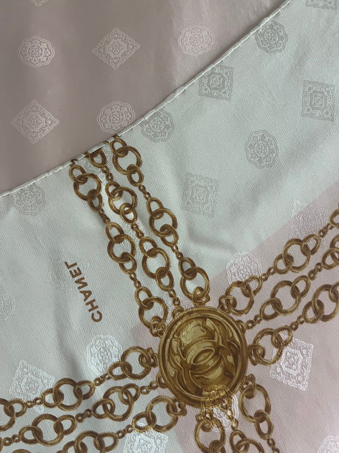 Chanel Vintage late 80s/early 90s 100% silk brocade scarf in ivory, pink and gold tones