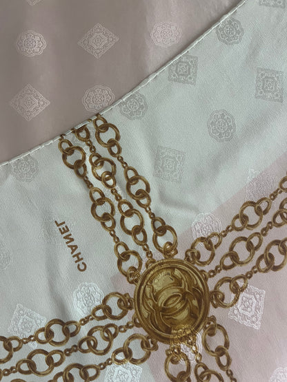 Chanel Vintage late 80s/early 90s 100% silk brocade scarf in ivory, pink and gold tones