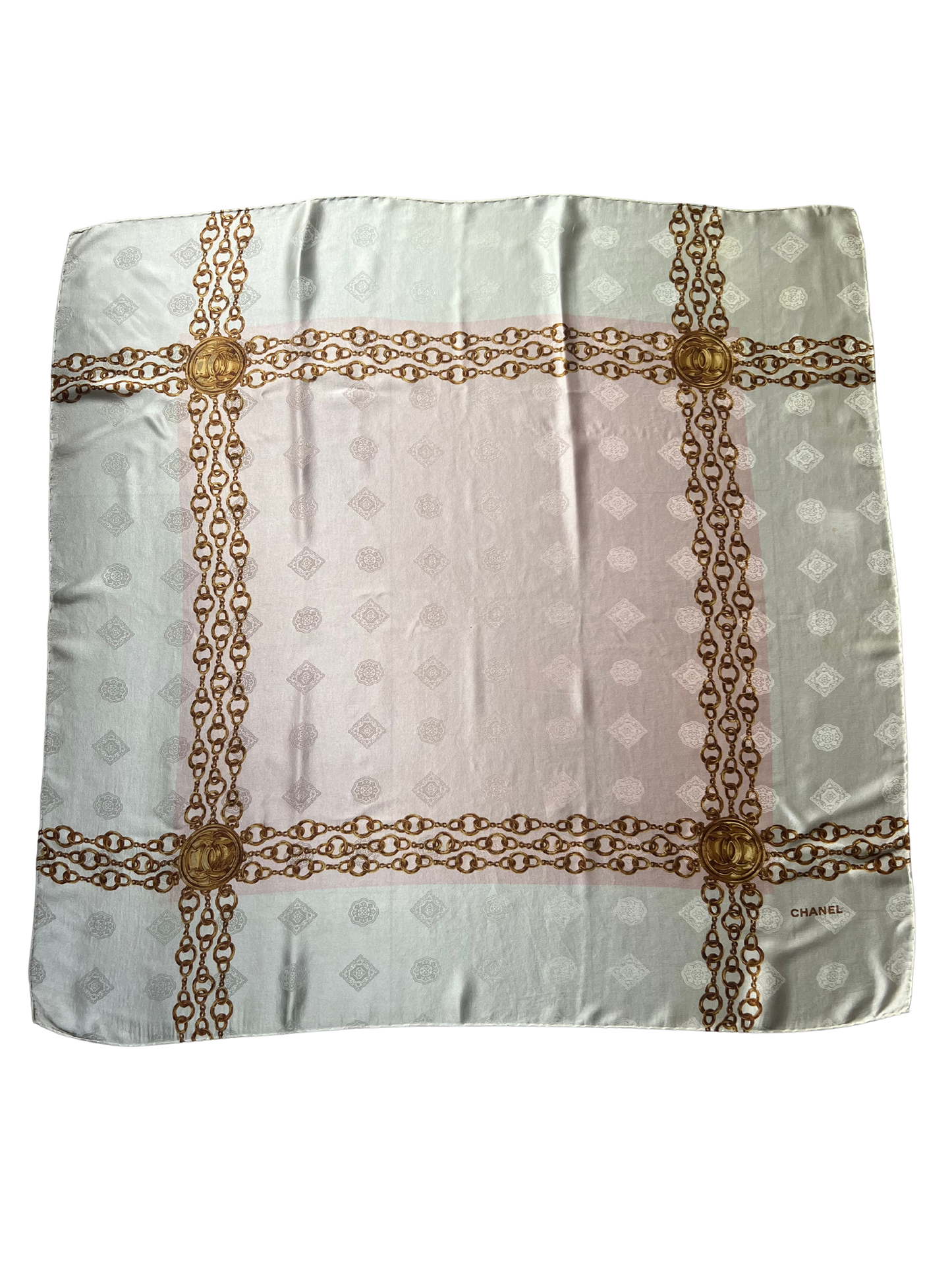 Chanel Vintage late 80s/early 90s 100% silk brocade scarf in ivory, pink and gold tones