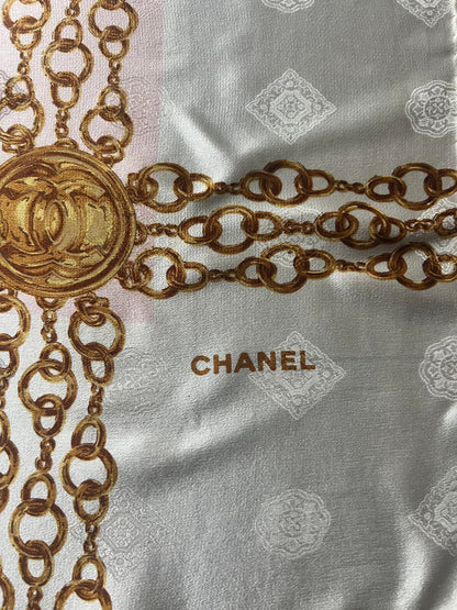 Chanel Vintage late 80s/early 90s 100% silk brocade scarf in ivory, pink and gold tones