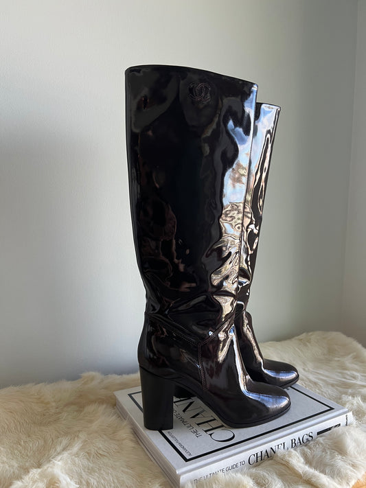 Chanel Burgundy Brown Tall Patent Leather Boots with 3.5" block heel