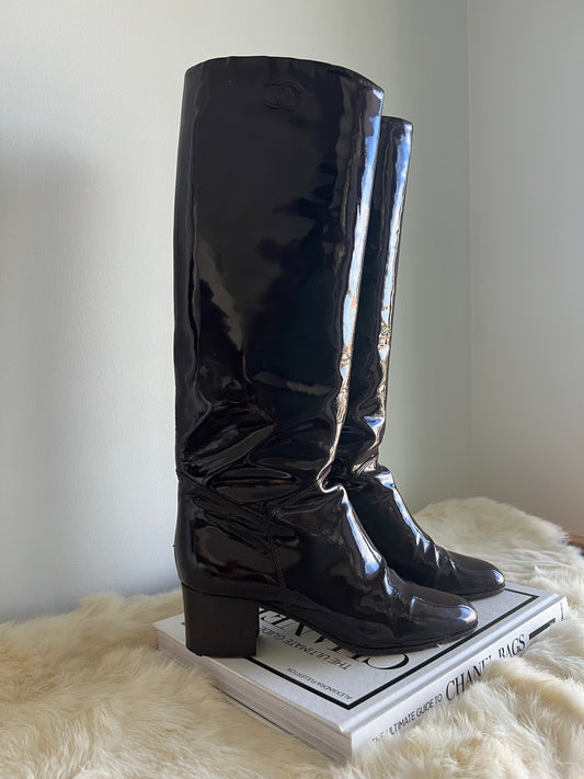 Chanel Burgundy Brown Tall Patent Leather Boots with 2" block heel
