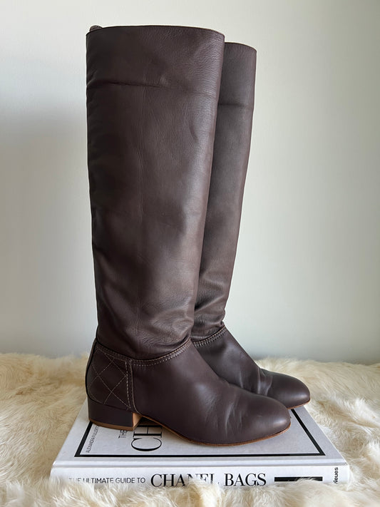 Chanel Khaki Leather Riding Boots Size 37.5C