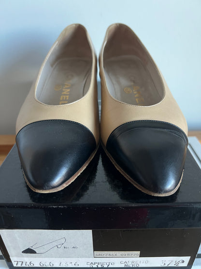 Chanel Beige and Black Spectator Pumps 1990s with original box