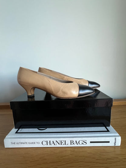 Chanel Beige and Black Spectator Pumps 1990s with original box