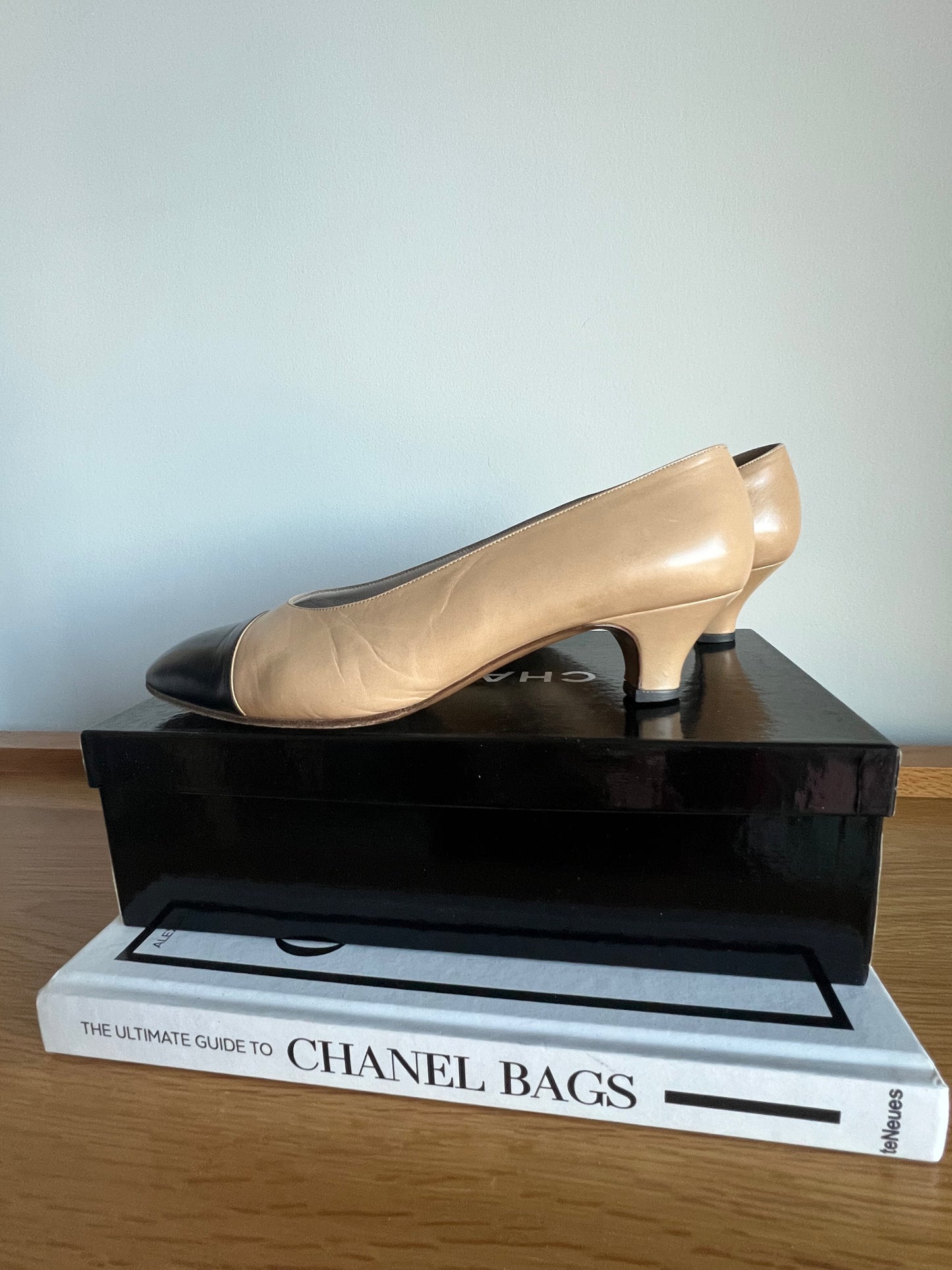 Chanel Beige and Black Spectator Pumps 1990s with original box