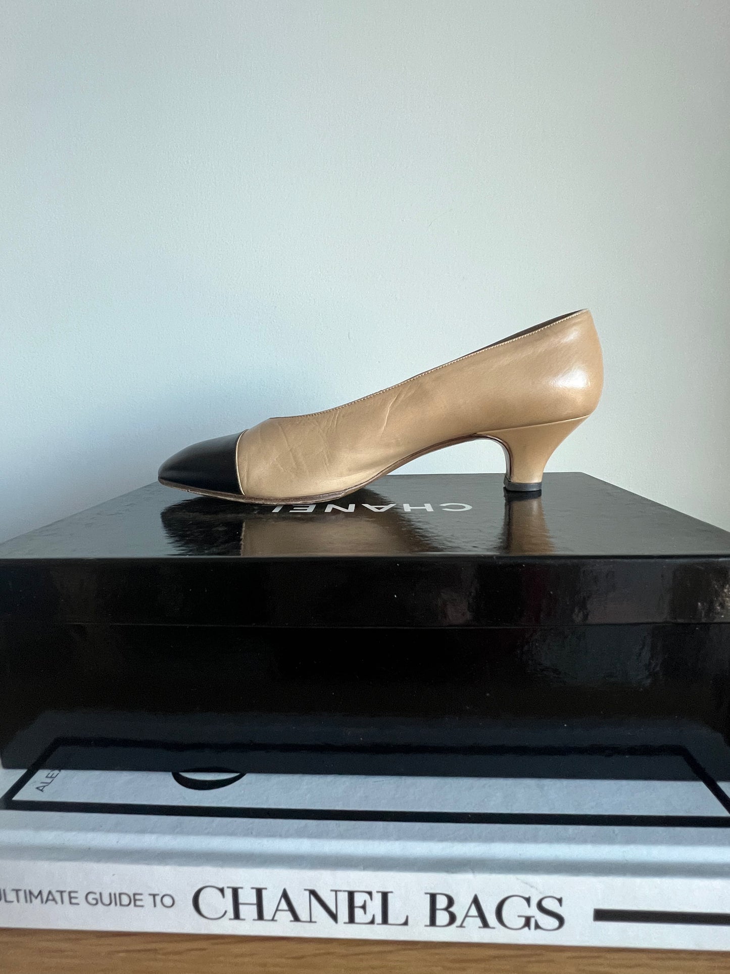 Chanel Beige and Black Spectator Pumps 1990s with original box