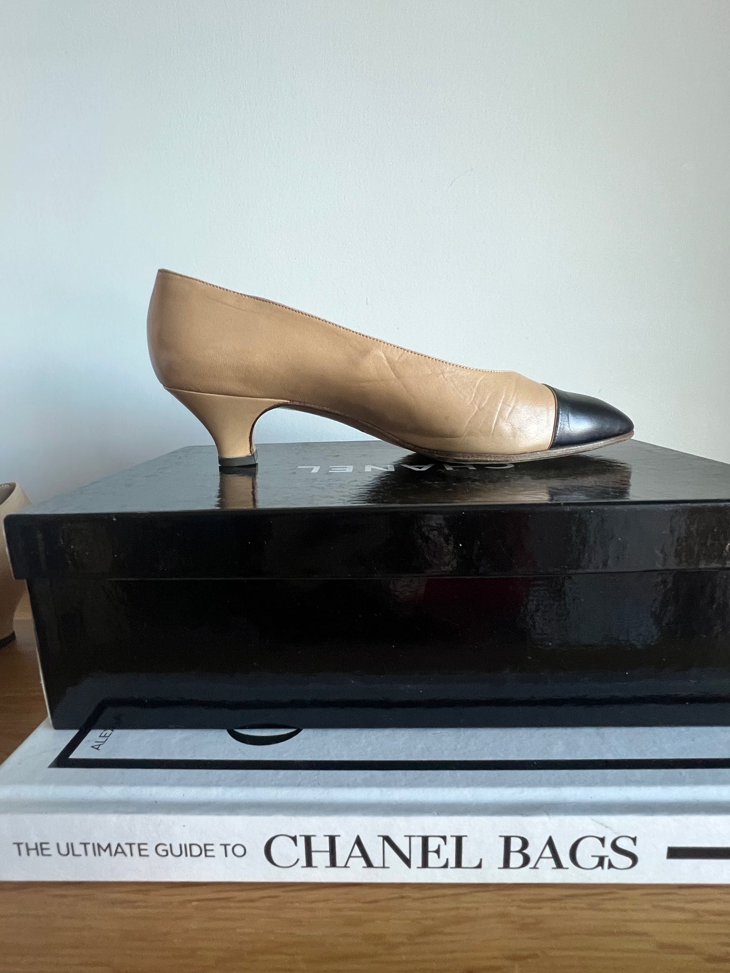 Chanel Beige and Black Spectator Pumps 1990s with original box