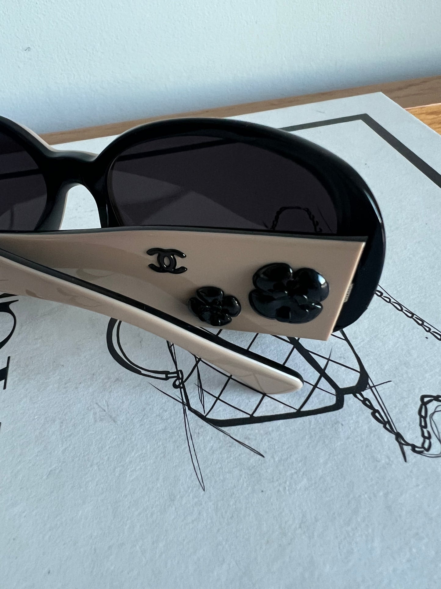 Chanel 5113 Beige and Black 3D Camellia Sunglasses