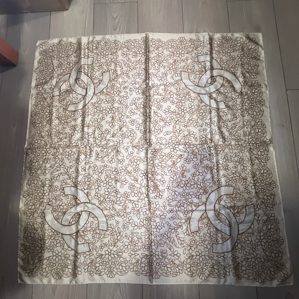 Chanel Beige Leaf Print Large Silk Scarf