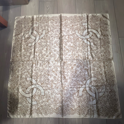 Chanel Beige Leaf Print Large Silk Scarf