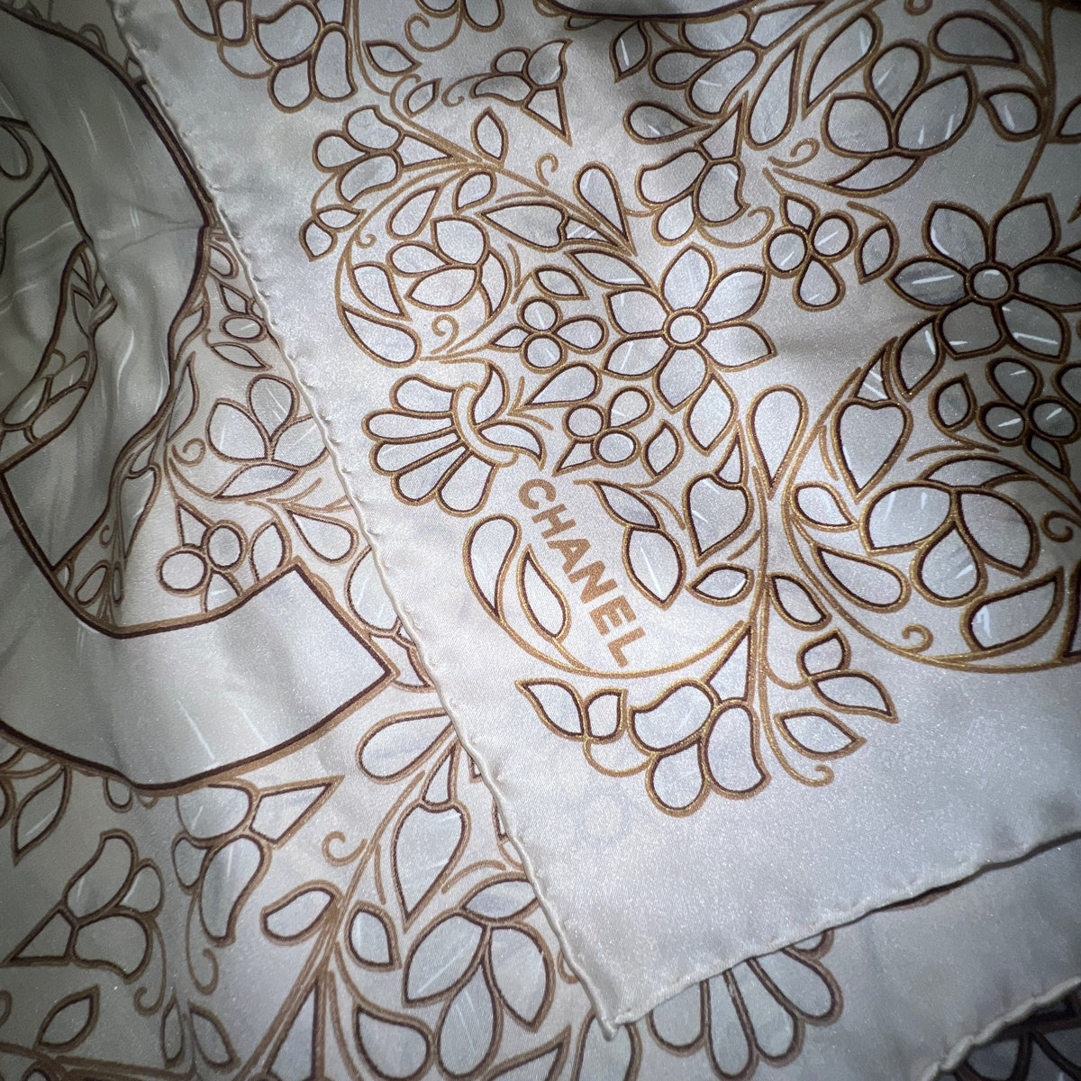 Chanel Beige Leaf Print Large Silk Scarf