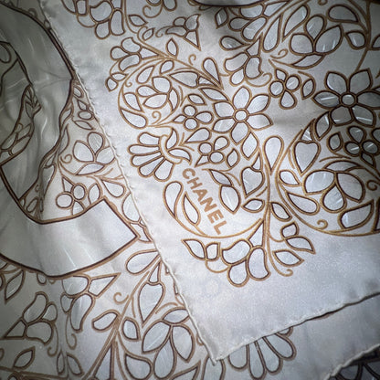 Chanel Beige Leaf Print Large Silk Scarf