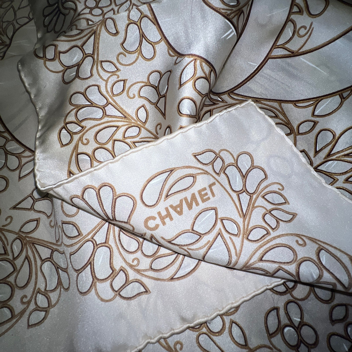 Chanel Beige Leaf Print Large Silk Scarf