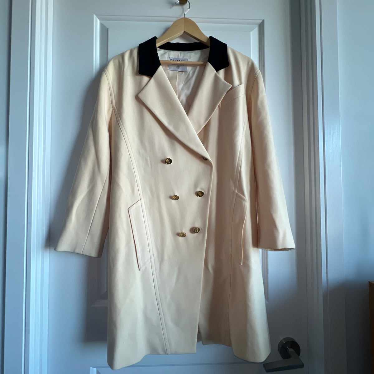 Chanel 1987 Beige and Black Runway Coat with 24k gold plated wheat buttons - highly collectable item