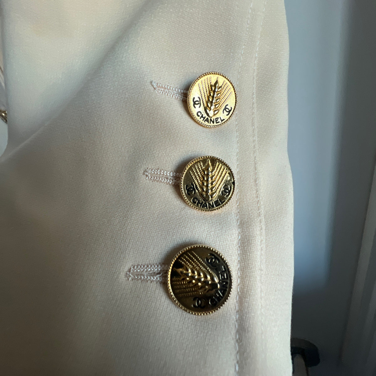 Chanel 1987 Beige and Black Runway Coat with 24k gold plated wheat buttons - highly collectable item