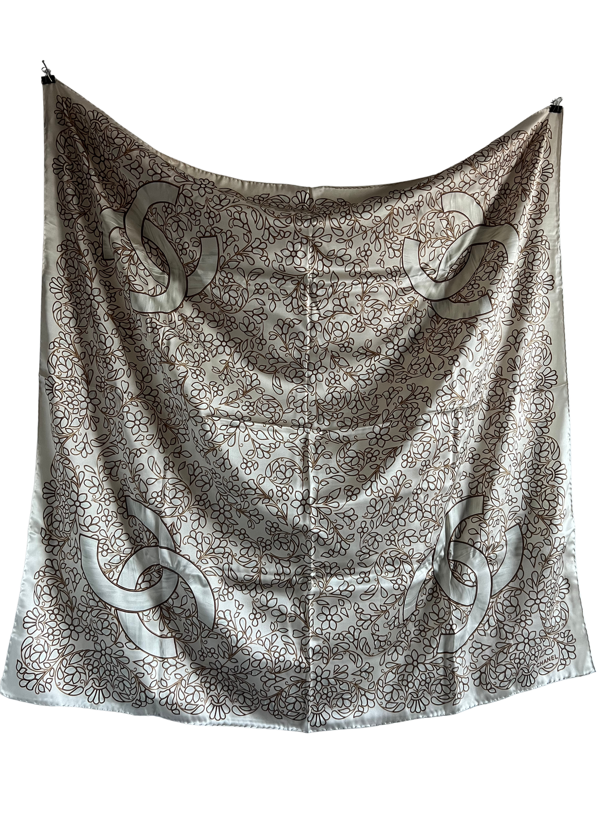 Chanel Beige Leaf Print Large Silk Scarf