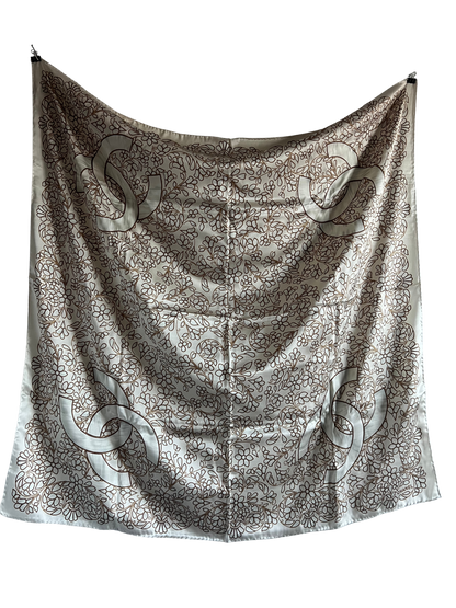 Chanel Beige Leaf Print Large Silk Scarf
