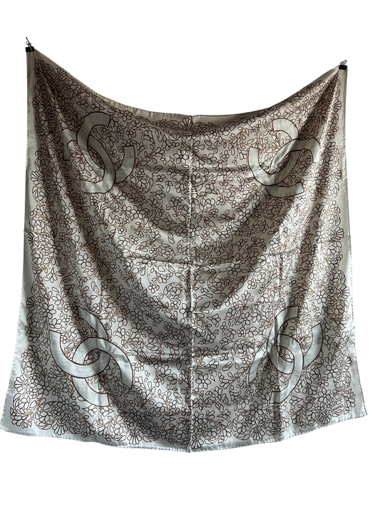 Chanel Beige Leaf Print Large Silk Scarf